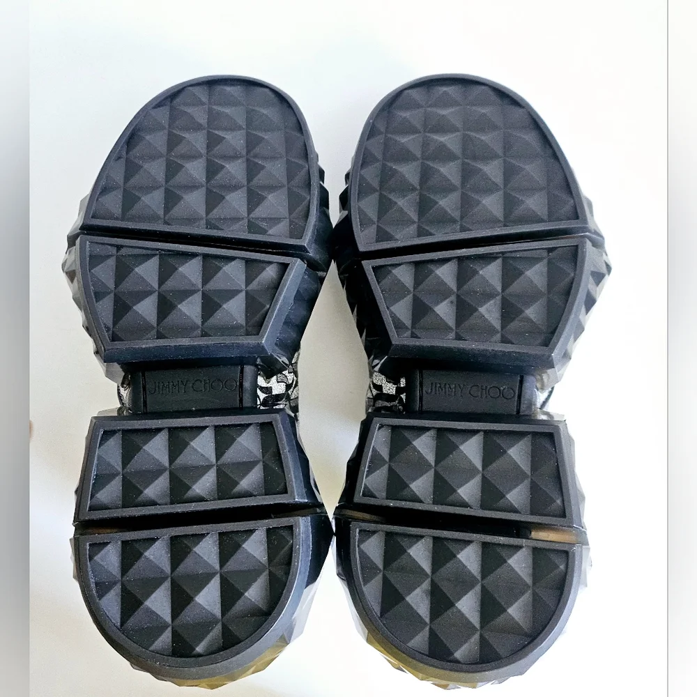 New With Tags Jimmy Choo Black Silver Diamond Calfskin Leather Sneakers